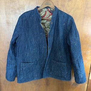 Vintage Denim Reversible Quilted Barn Jacket Chore Coat Embroidered Western Boho